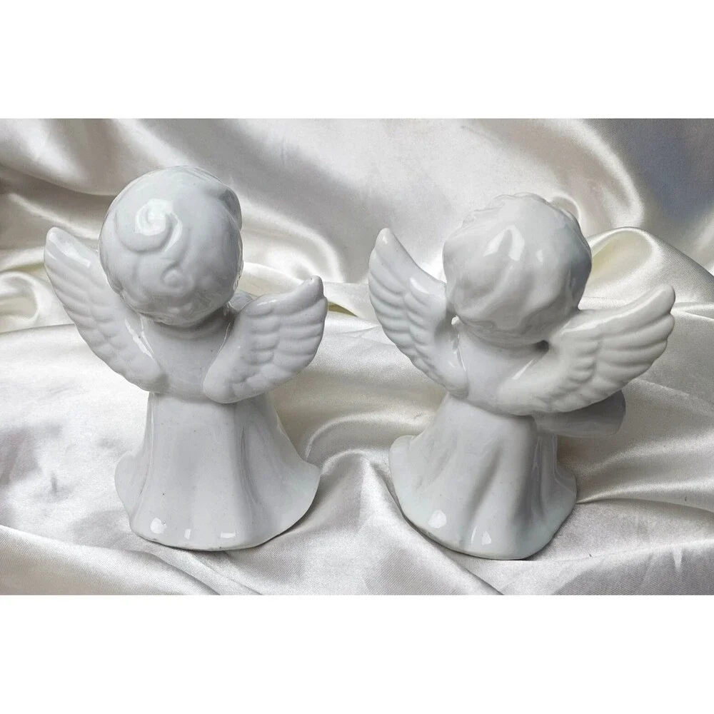 Pair Of Vintage White Ceramic Cherub Angel Candle Holder Figurines 4''